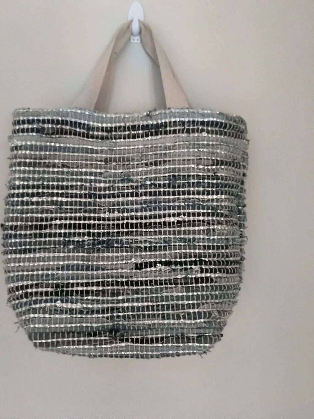 Hand-made in India, oversized blue and silver tote